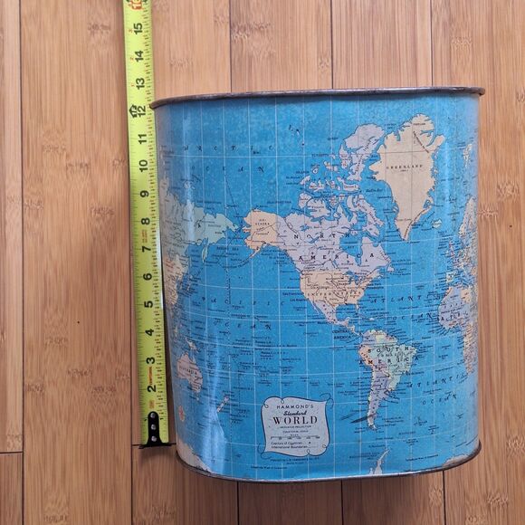 Vintage Hammond's World Map Waste Basket Garbage Can Tin Litho Trash Can 50s 60s - Picture 8 of 14